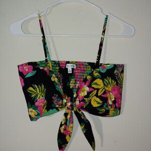Express X Rocky Barnes Black Floral Print  Front Tie Up Bralette or Crop Top Sz